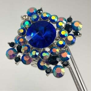 Stunning Silver Tone Big Statement Blue AB Glass Rhinestone Adjustable Ring